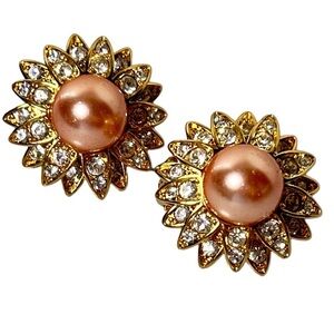 Vintage Joan Rivers 1990s Champagne Pearl Gold Tone Clip On Earrings